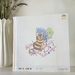 Vintage Hand-Painted Needlepoint Canvas: Seamstress Mouse Design