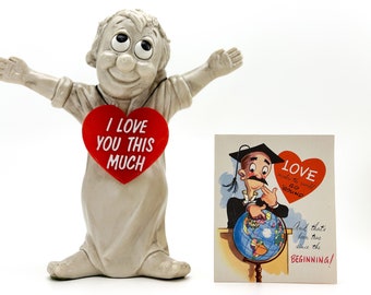 Quirky Vintage Valentine Gift Combo, 'I Love You This Much' Figurine and 1950s Valentine Card Unmarked