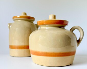 Vintage Robinson Ransbottom Americana Steinzeug Crock Set | Pfirsich Streifen Bean Pot & Deckeltopf | UVP von Co Roseville Ohio Farmhaus Keramik