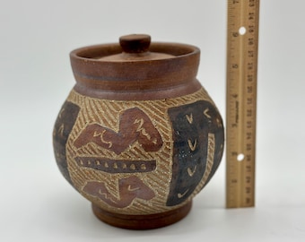 Vintage DD Tinsman Pottery Container: Signed Folk Art with Tribal Etchings