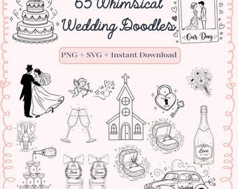 May include: Black and white line art illustrations of wedding-themed elements, including a cake, couple, church, rings, champagne, and car. Text reads "65 Whimsical Wedding Doodles" and "PNG + SVG + Instant Download".