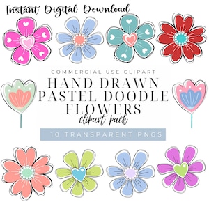 May include: A digital download featuring hand-drawn pastel doodle flowers in various colors, including pink, blue, and green. The clipart pack includes 10 transparent PNGs. Text on the image reads "Instant Digital Download" and "Commercial Use Clipart".