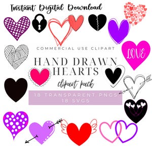 Clipart de corações desenhados à mão | PNG + SVG | Uso comercial | Download digital | Rabiscos de coração