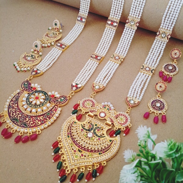 Golden white Necklace, Combo set, Indian jewelry, Rani haar necklace set, Indian meena necklace