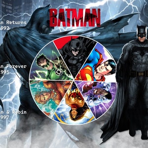 May include: A collage of images featuring Batman from different movies and comic books. The image includes the text "BATMAN" in large, bold letters. The image also includes the text "Batman Returns 1992", "Batman Forever 1995", and "Batman & Robin 1997". The image also includes the DC Comics logo.