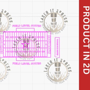 May include: A digital design template for a football field with the words "Field Level Suites" and "Cowboys" printed on it. The design also includes four circles with the text "Laser It Xpress" and "Personalize Your World" printed on them.