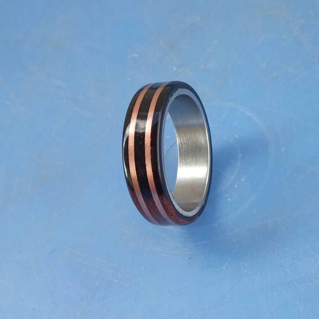 925 Sterling Silver Wooden Mens Wedding Ring, Ebony Wood Cooper Wire
