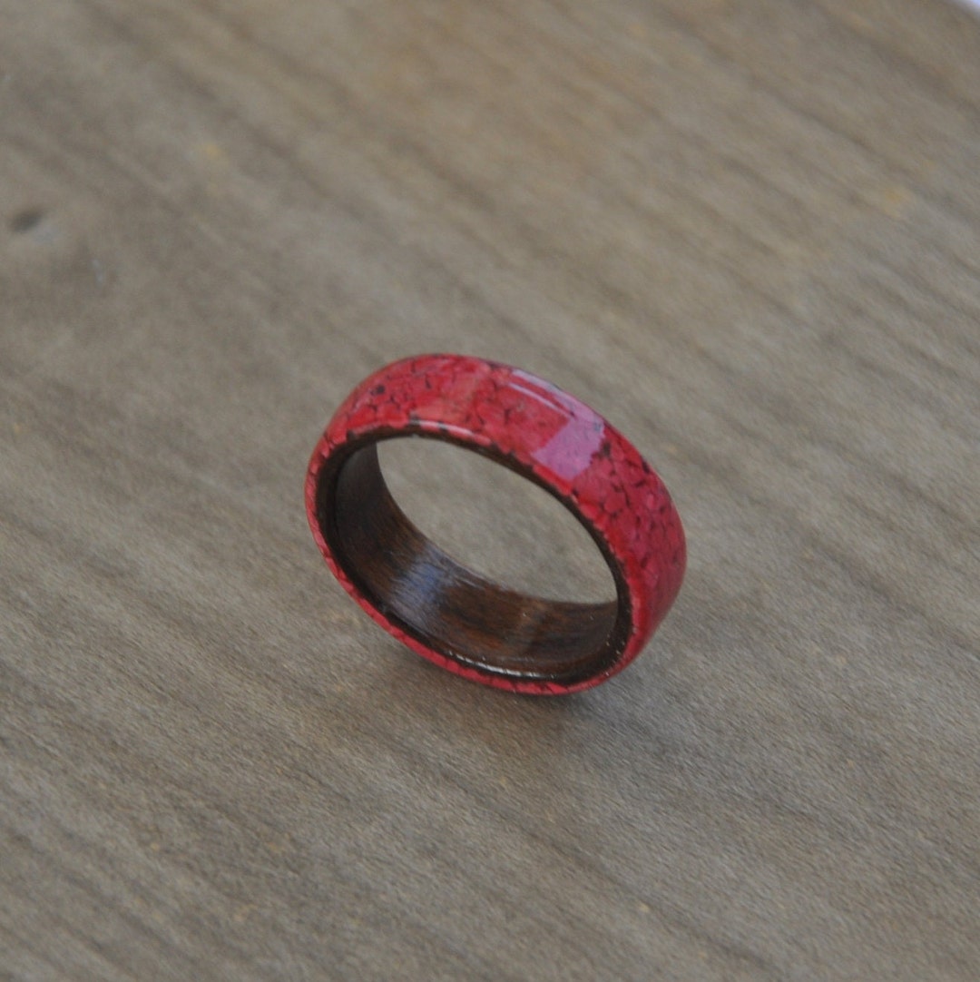 Wooden Mens Wedding Ring, Raw Red Coral Stone Mens Wedding Ring, Gift