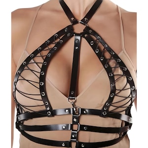 Black Leather Chest Women Harness, Grunge Goth Statement Harness,Chest Harness,Vegan Harness,Women Black Leather Harness Bra