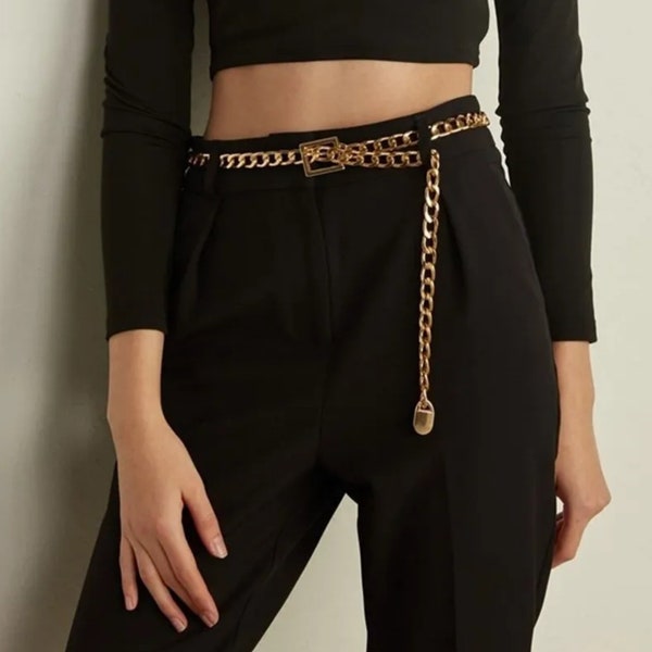 Gold Chain Quilted Waist Belt - Brown main image 1