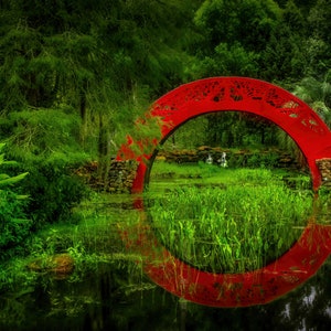 Feng Shui Garden Bridge Design Cascade Bellingrath Rouge Vert Ensemble de panneaux photo encadré Beau cadeau de pendaison de crémaillère Portrait Miroir Lac Personnalisé