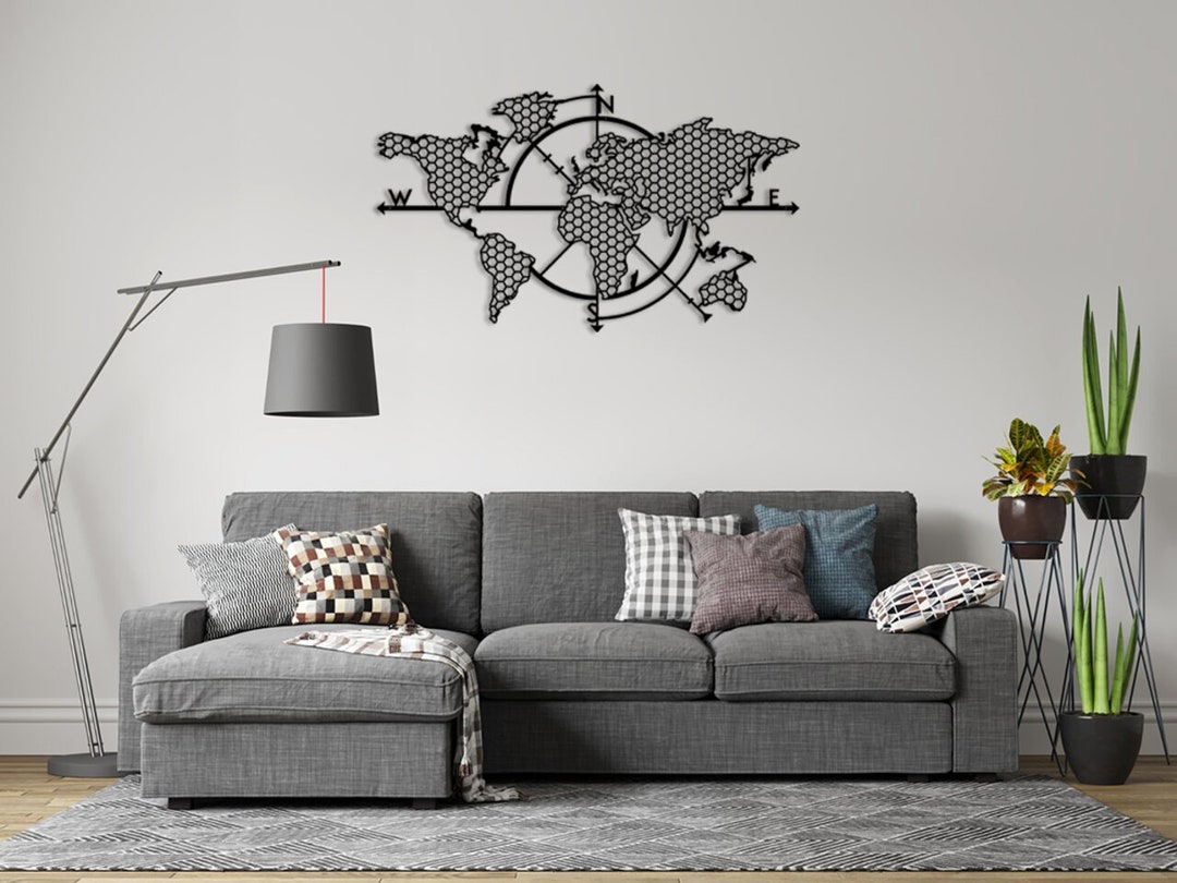 Metal World Wall Art With Compass Metal Wall Decor for Home Etsy