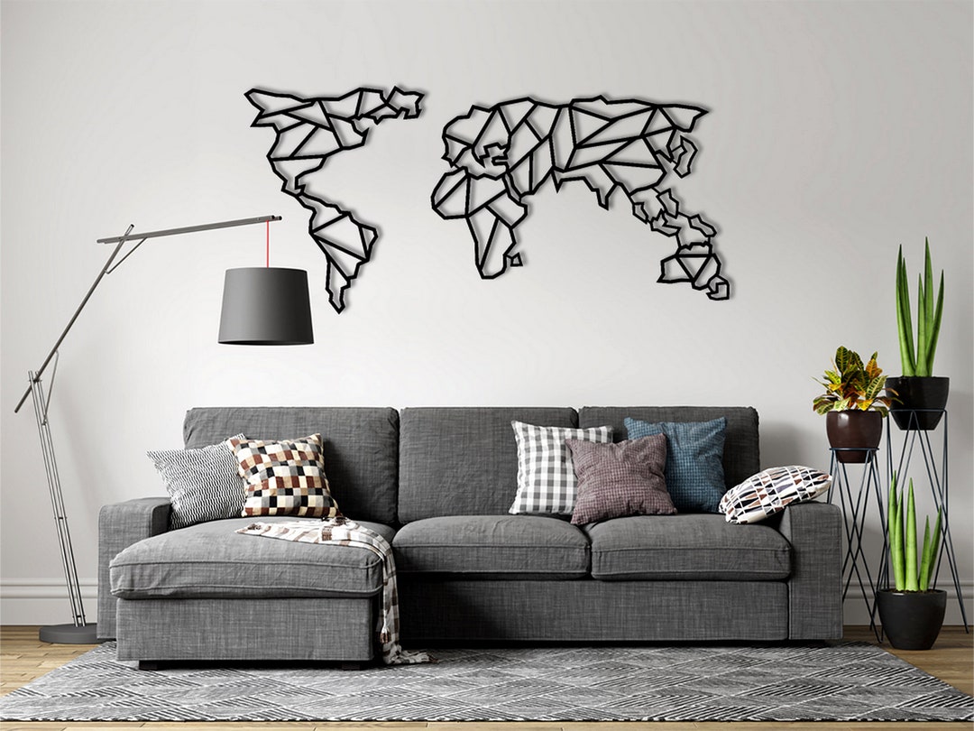 Geometric Metal Map Wall Art Metal World Map Housewarming Etsy