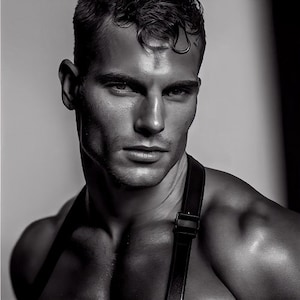 May include: A black and white portrait of a man with short, dark hair. He is wearing a black leather strap over his shoulder. The man has a serious expression on his face.