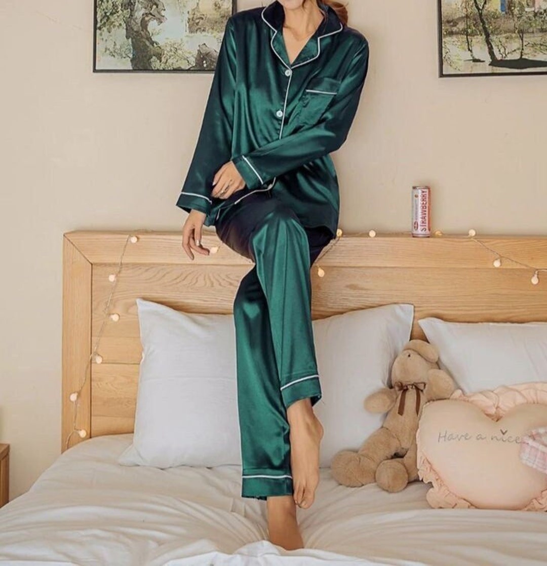 Green Pajama Set Green Night Wear Dresses Satin Pajama for Bride