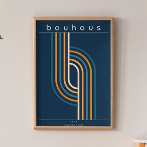 Bauhaus Exhibition Deep Blue Contemporary Line Art Poster, MCM Minimalist Wall Art, Retro Boho Home Decor