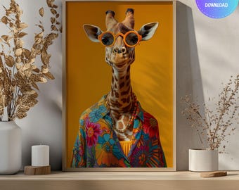 Impresión de retrato de jirafa hippie: Arte mural animal peculiar (descarga digital)