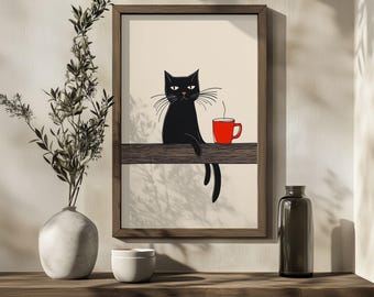 Minimalist Black Cat Coffee Poster: Vintage Animal Wall Art (Digital Download)