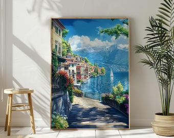 Impression aquarelle lac de Côme : affiche de voyage sur la côte italienne (téléchargement numérique)