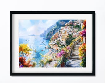 Watercolor Positano Print: Italy Amalfi Coast Wall Art (Digital Download)
