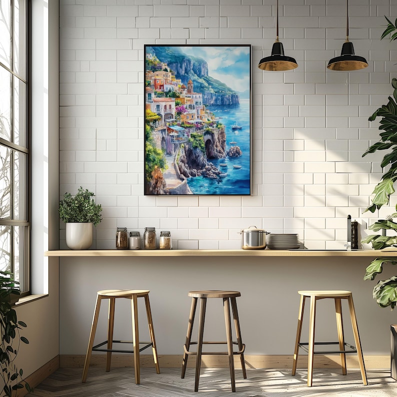 Watercolor Italy Amalfi Coast Printable Wall Art Travel Poster, Italian Riviera Coast Poster, Italy Artwork Printable Art, Gift Idea