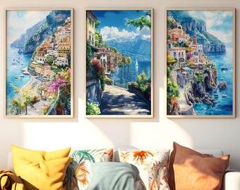 Watercolor Italy Art Print Set: Positano, Lake Como, Amalfi Coast (Digital Download)