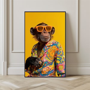 Póster de mono hippie con animales, arte de pared imprimible, decoración del hogar, retrato de mono con estampado de animales coloridos, imprimible navideño
