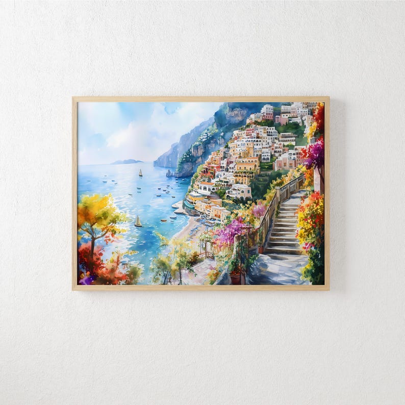 Watercolor Italy Positano Coastal Print Wall Art Travel Poster, Italy Amalfi Coast Painting, Italian Coastal Horizontal Large Wall Art