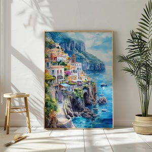 Watercolor Italy Amalfi Coast Printable Wall Art Travel Poster, Italian Riviera Coast Poster, Italy Artwork Printable Art, Gift Idea