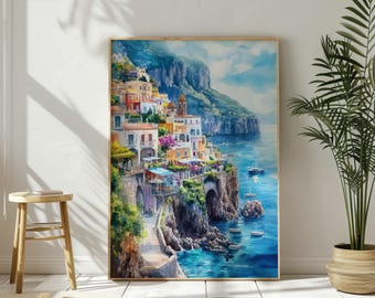 Impression aquarelle côte amalfitaine : affiche de voyage sur la Riviera italienne (téléchargement numérique)