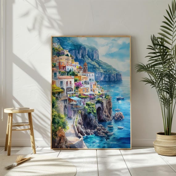 Watercolor Amalfi Coast Print: Italian Riviera Travel Poster (Digital Download)