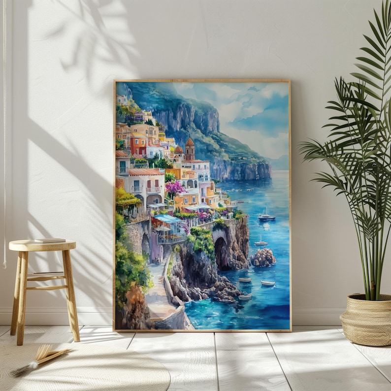 Watercolor Italy Amalfi Coast Printable Wall Art Travel Poster, Italian Riviera Coast Poster, Italy Artwork Printable Art, Gift Idea