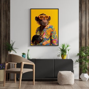 Hippie Monkey Animals Poster Printable Wall Art Home Decor, Colorful Animal Print Monkey Portrait, Gift For Firends, Instant Download