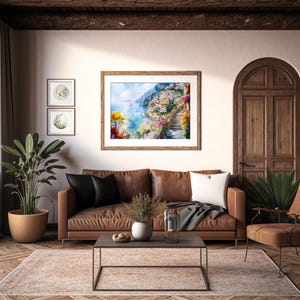 Watercolor Italy Positano Coastal Print Wall Art Travel Poster, Italy Amalfi Coast Painting, Italian Coastal Horizontal Large Wall Art
