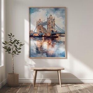 Watercolor London Tower Bridge Printable Wall Art Travel Poster, England Cityscape Travel Art Print, London England, Gift Idea