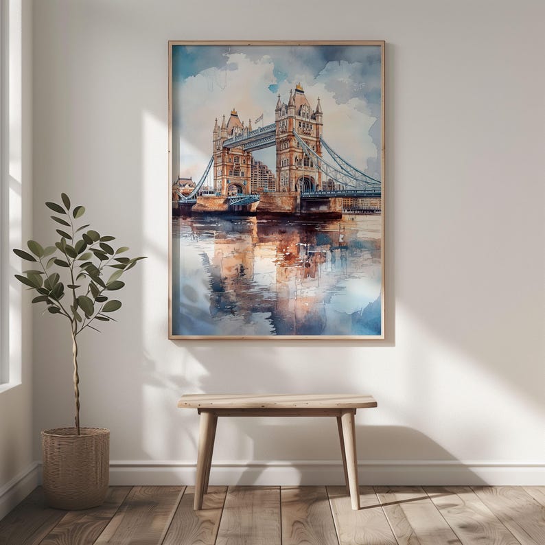 Watercolor London Tower Bridge Printable Wall Art Travel Poster, England Cityscape Travel Art Print, London England, Gift Idea