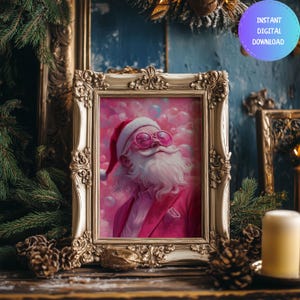 Pink Funny Santa Claus Christmas Print Wall Art Decor, Trendy Preppy Santa Wall Art, Santa Claus Printable Poster, Christmas Printable