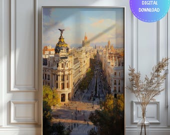 Madrid Metropolis Building Oil Painting Print: Spain Travel Poster (Digital Download)