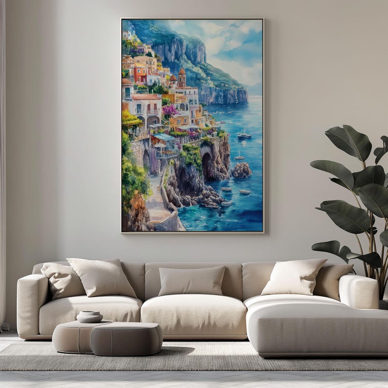 Watercolor Italy Amalfi Coast Printable Wall Art Travel Poster, Italian Riviera Coast Poster, Italy Artwork Printable Art, Gift Idea