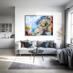 Watercolor Italy Positano Coastal Print Wall Art Travel Poster, Italy Amalfi Coast Painting, Italian Coastal Horizontal Large Wall Art