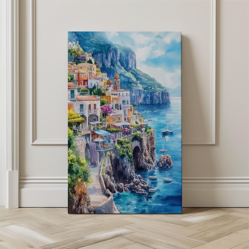 Watercolor Italy Amalfi Coast Printable Wall Art Travel Poster, Italian Riviera Coast Poster, Italy Artwork Printable Art, Gift Idea