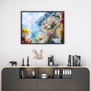 Watercolor Italy Positano Coastal Print Wall Art Travel Poster, Italy Amalfi Coast Painting, Italian Coastal Horizontal Large Wall Art