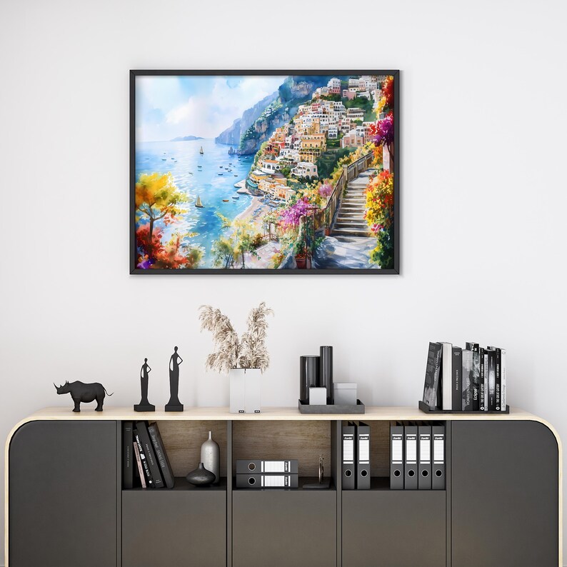 Watercolor Italy Positano Coastal Print Wall Art Travel Poster, Italy Amalfi Coast Painting, Italian Coastal Horizontal Large Wall Art
