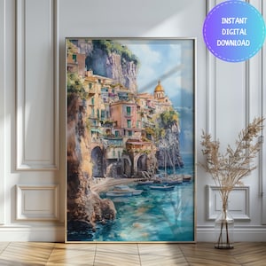 Aquarell Italien Sorrent druckbare Wandkunst Reise-Plakat, italienische Amalfiküsten-Plakat, Italien Kunstwerk-Ozean-Druck, Weihnachten druckbare