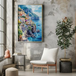 Watercolor Italy Amalfi Coast Printable Wall Art Travel Poster, Italian Riviera Coast Poster, Italy Artwork Printable Art, Gift Idea