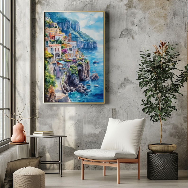 Watercolor Italy Amalfi Coast Printable Wall Art Travel Poster, Italian Riviera Coast Poster, Italy Artwork Printable Art, Gift Idea