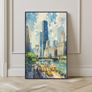 Affiche de voyage d'art mural impression ville de Chicago aquarelle, impression d'art Chicago, impression d'art mural Chicago River Illinois