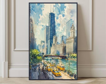 Watercolor Chicago Cityscape Art Print: Chicago River, Illinois (Digital Download)