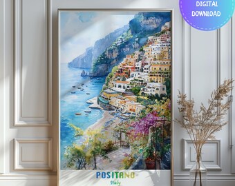 Watercolor Positano Italy Print: Amalfi Coast Travel Poster (Digital Download)