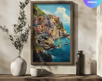 Cinque Terre-olieverfschilderij: muurkunst Italiaanse Rivièra (digitale download)